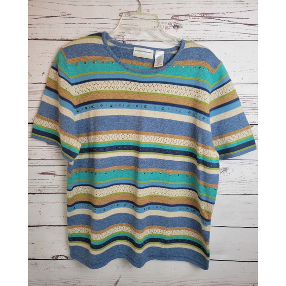 Alfred Dunner Short Sleeve Top Blue Tan Striped Embellished Knit Women's Size 1X - Picture 1 of 10
